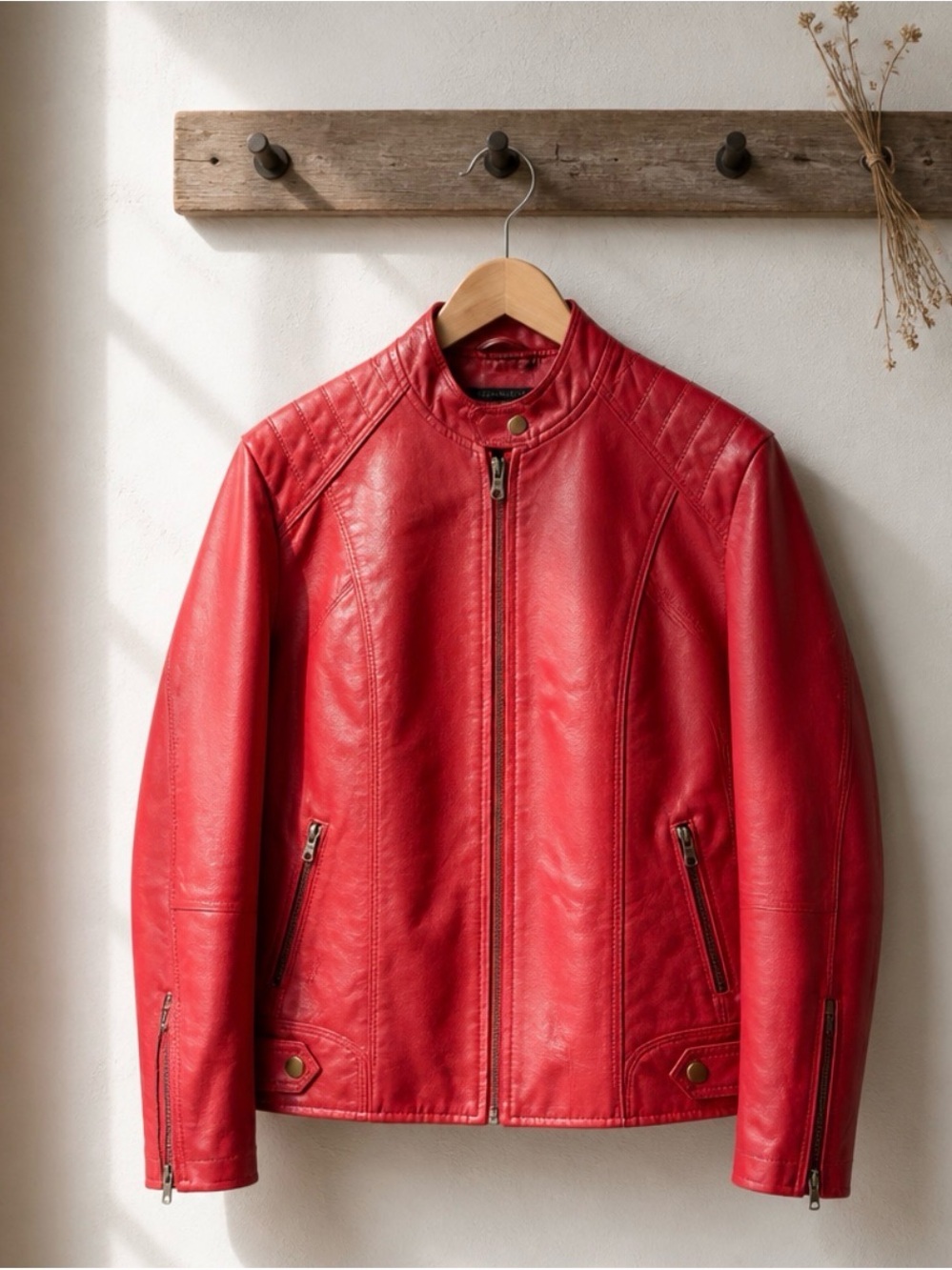 Red Pu Leather Bomber Jacket R1
